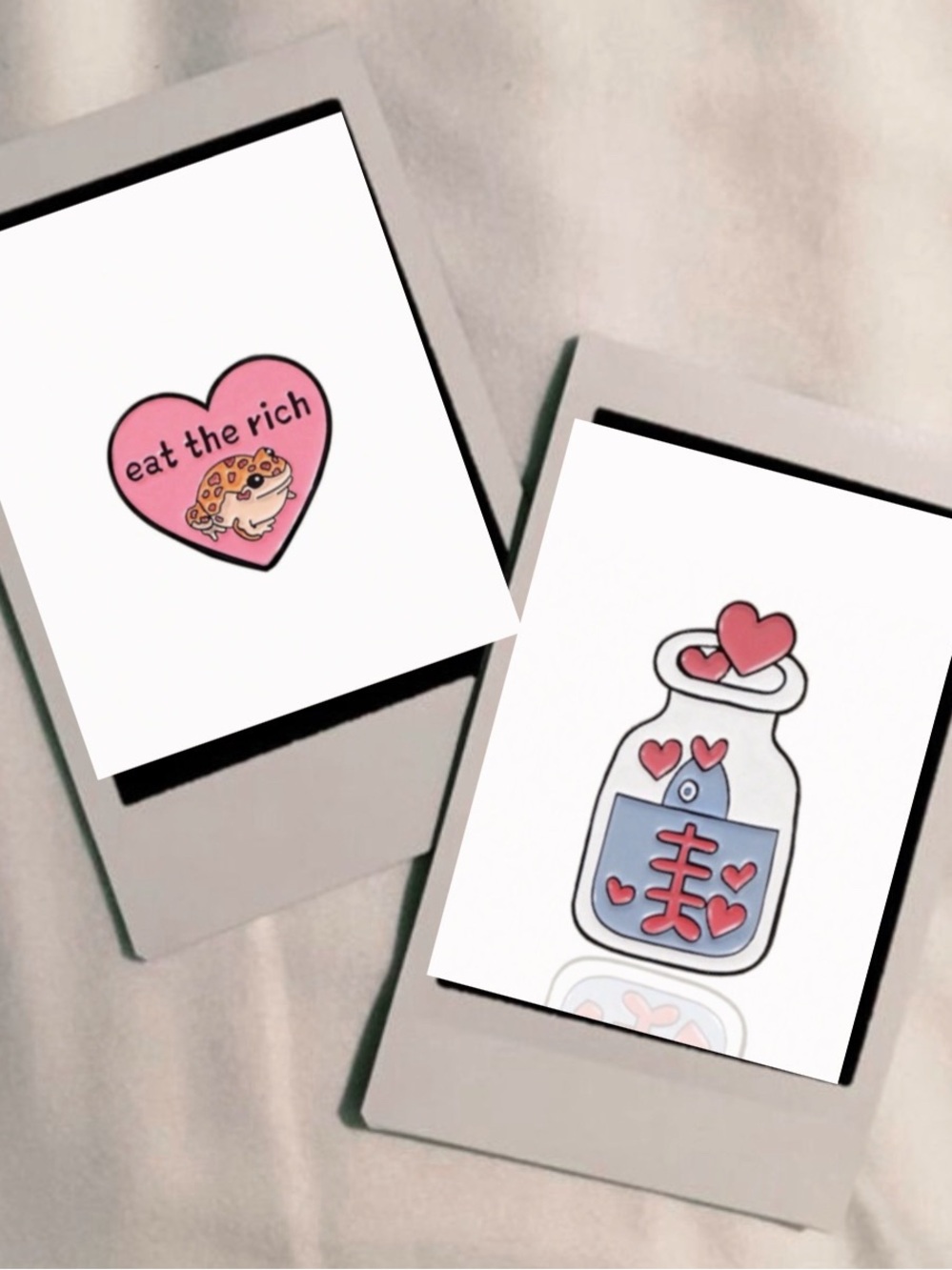 Set of 2: Heart w/ Frog & Little Fish in Jar w/ Hearts Enamel Lapel Pins NWT